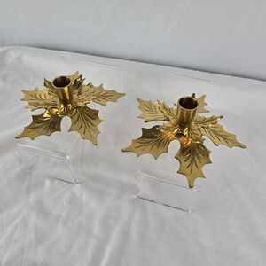 Brass Taper Candle Holders x2 Vintage Holly Leaf Gold Tone Made in India 7" x 4"